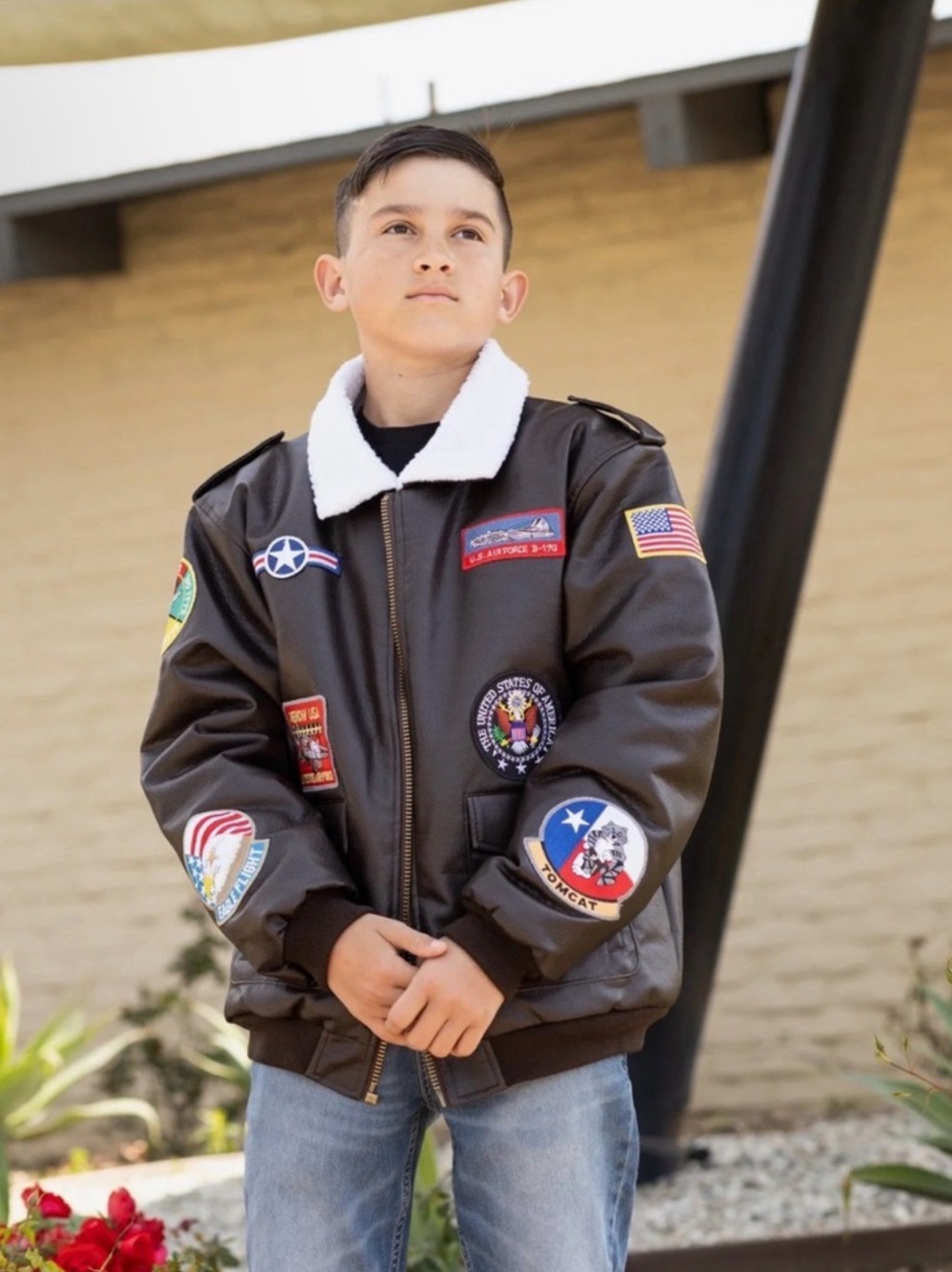 Up and Away A-2 Brown Bomber Faux Leather Jacket with Aviation Patches